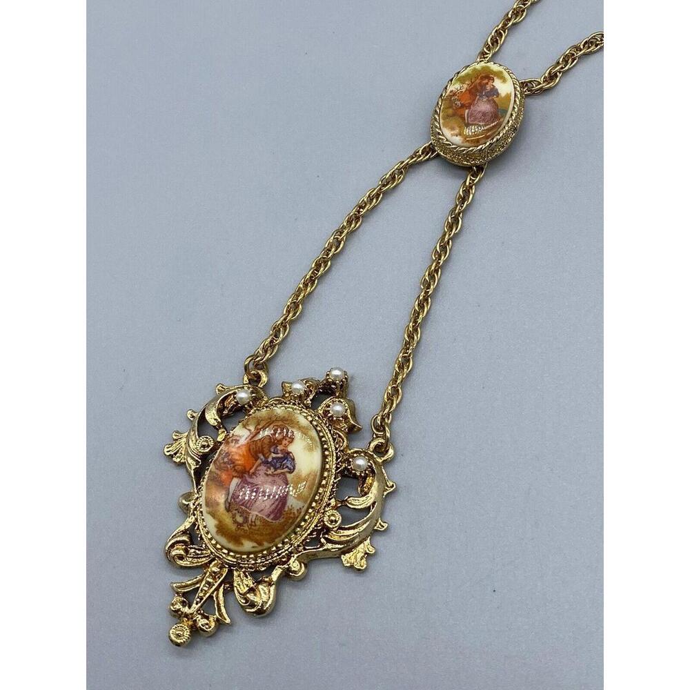 Renaissance Revival Couple Bolo Tie Gold Tone Pearl Double Strand Necklace Rare - Picture 5 of 16